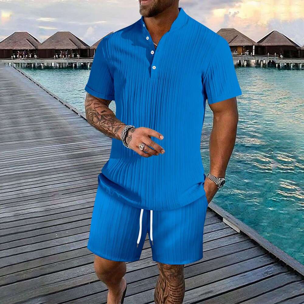 Summer Men's Casual Loose Short Sleeve Shirt And Shorts Beach Set B5
