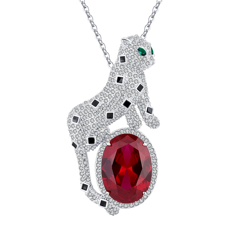 S925 Silver Faux Colored Gemstone Leopard Shaped Luxury Pendant Necklace, 13x18mm Main Stone, Fashionable Elegant Design, Perfect Women's Jewelry