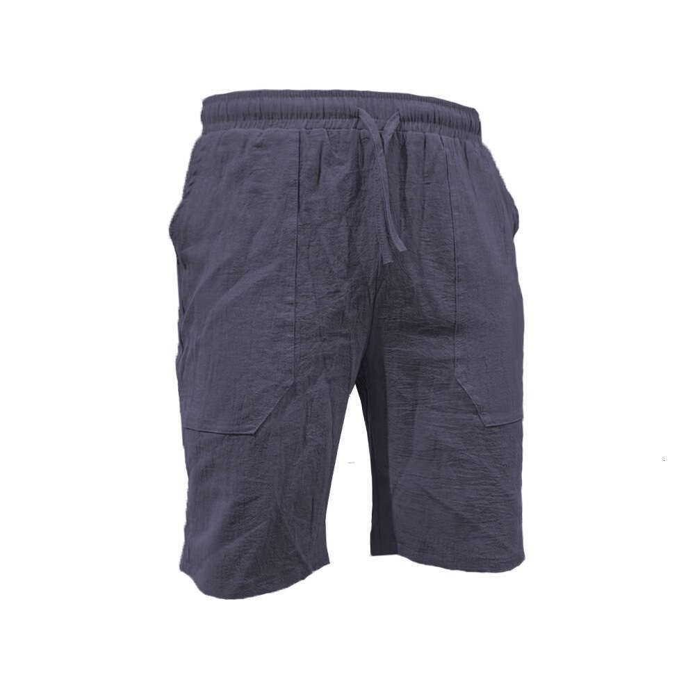 Men's Summer Cotton Linen With Drawstring Elastic Waist Straight Leg Solid Color Breathable Casual Beach Shorts B5