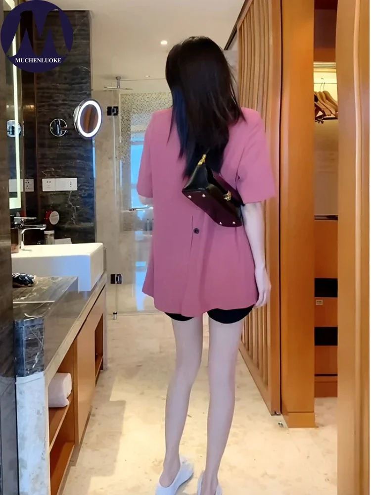 Slim Fit Short Sleeved Blazer for Women Thin Suit Coats Casual Loose Blazers Office Tops Korean Fashion Summer 250610