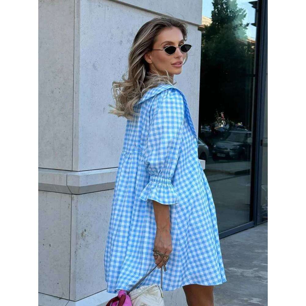 Blue Plaid Women Casual Mini A-line Dress Loose Lapel Half Sleeve High Waist Dresses 2025 Summer Lady Beach Holiday Streetwear