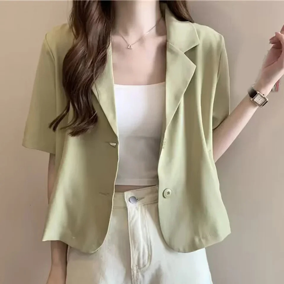 Summer Blazers Women Medium Elasticity Polyester Short Sleeves Single Breasted Solid Color 250610