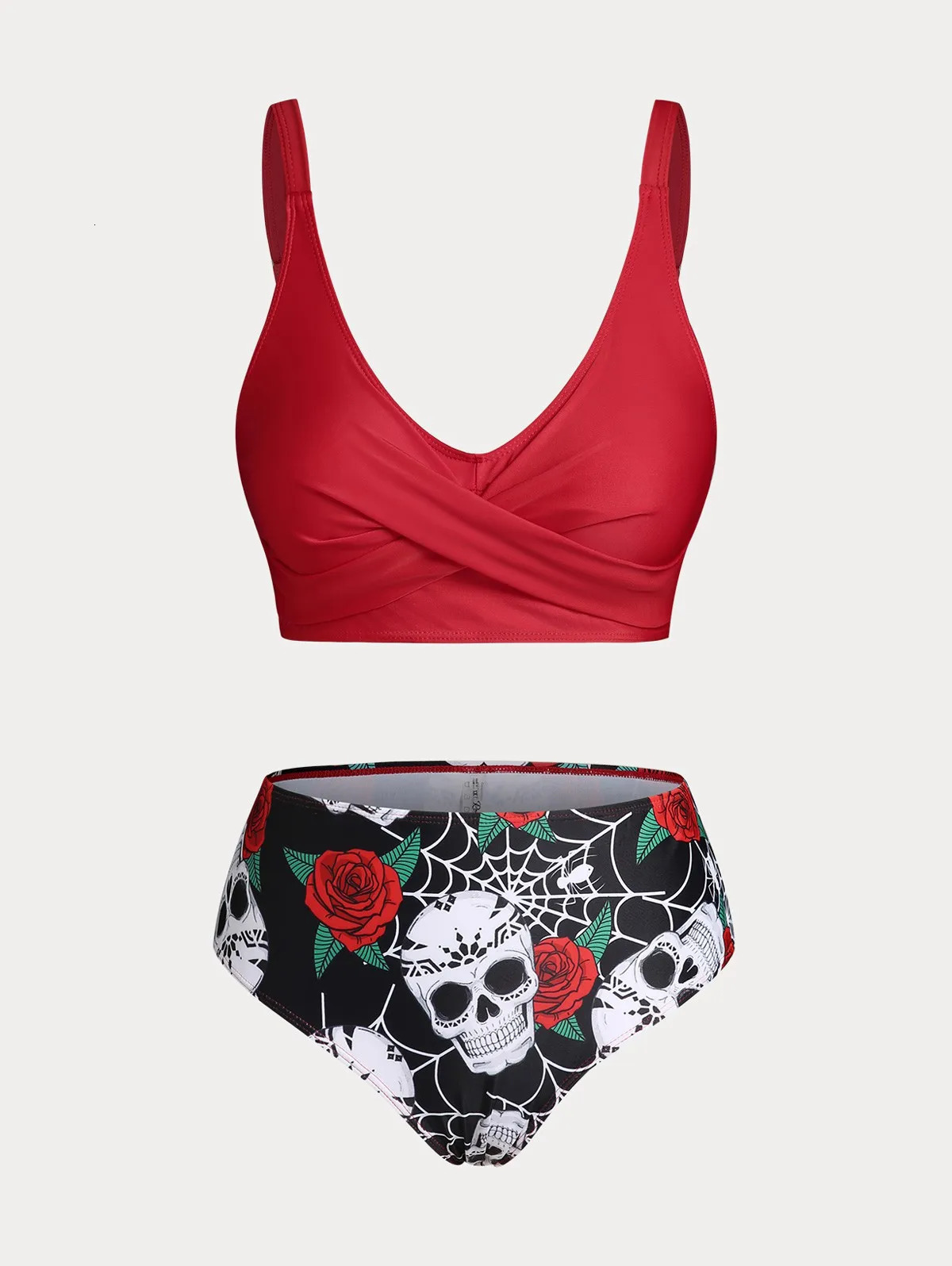 ROL Plus Size Womens Curve Skull Rose Print Crossover Three Piece Bikini Swimsuits 250530