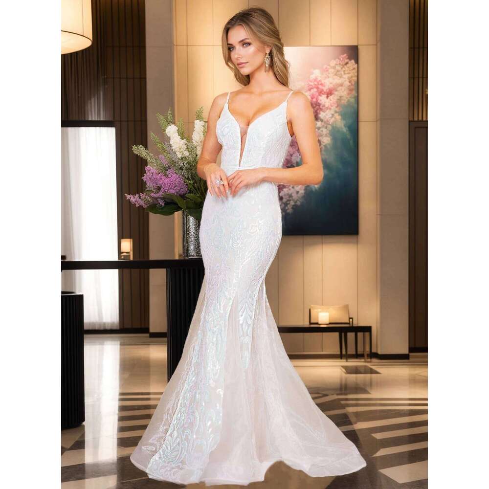 Romagic Deep V Neck Sleeveless White Wedding Party Dress Spaghetti Strap Sequined Evening Gown Women Maxi Dresses 2025