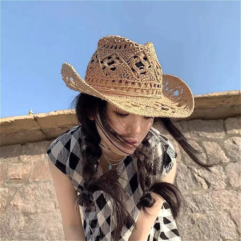 Cowboy Straw Hat for Women Men Summer Handmade Classic Hollow Out Western Curled Wide Brim Sun Hat Fishing Hat Climbing Cap 250606