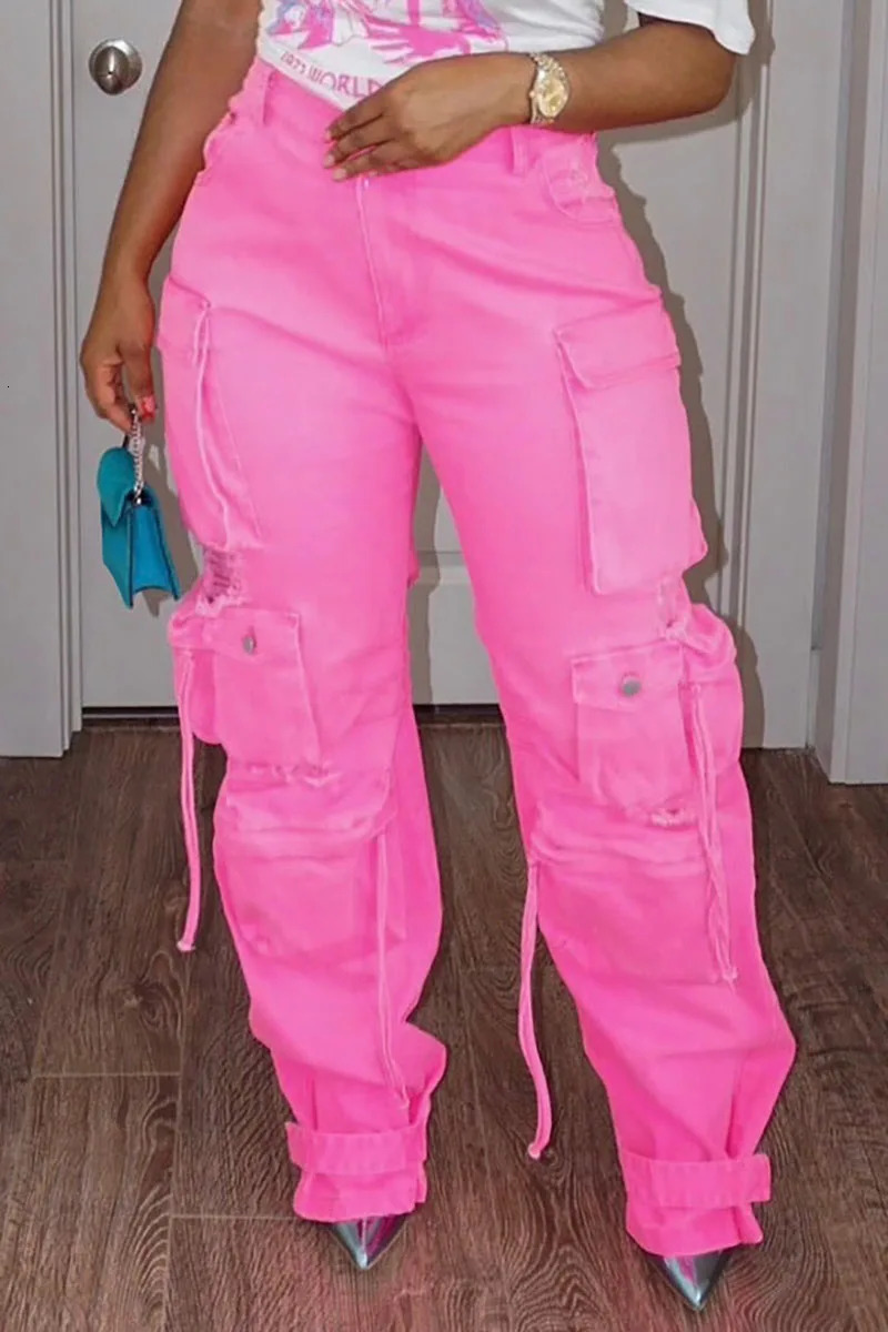 Womens Jeans Cargo Pants Pockets High Waist Y2K Vintage Streetwear Fashion Pink Denim Joggers Plus Size Women Jeans 2024 250609