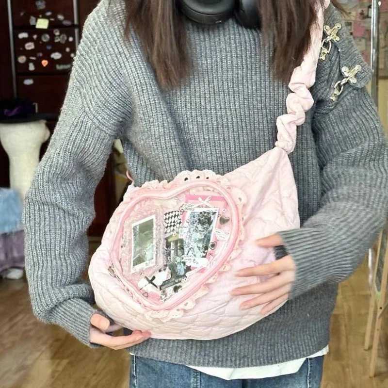 Cute Womens Shoulder Bag Pleated Love Heart Lolita JK Ita Bag Drawstring Ballet Style Sweet Fashion Female Handbag PinkXJ250610
