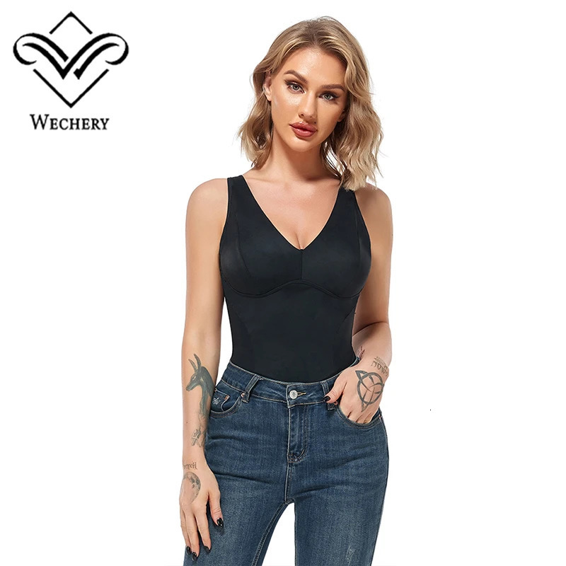 Wechery Women Chic Shapewear Bodysuit Sexy VNeck Bodysuits With Removable Cup Body Shaper Skinny Black Slimming Underwear Bods 250610