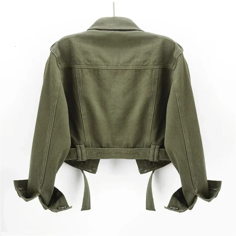 Spring Autumn Fashion Solid Color Big Pocket Denim Jacket Women Casual Cowboy Outerwear Hem Belt Slim Short Jeans Jacket Female 250609