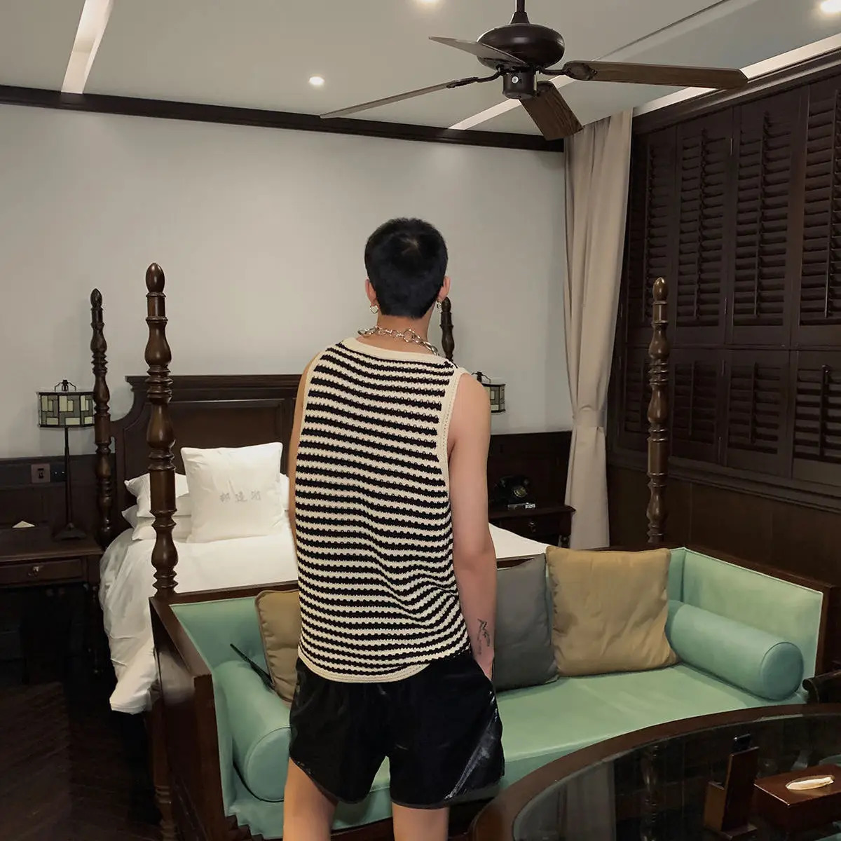 Mens Striped Knitted Sleeveless Vest Casual Sports Streetwear Breathable Comfort Summer Tanks Tops O-Neck Korean Style 250611