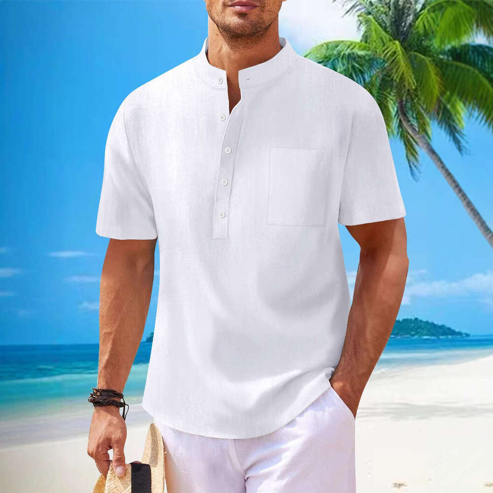 Spring Summer Men's Cotton Linen Stand Collar Short Sleeve Loose Casual Henley Shirt Men B5