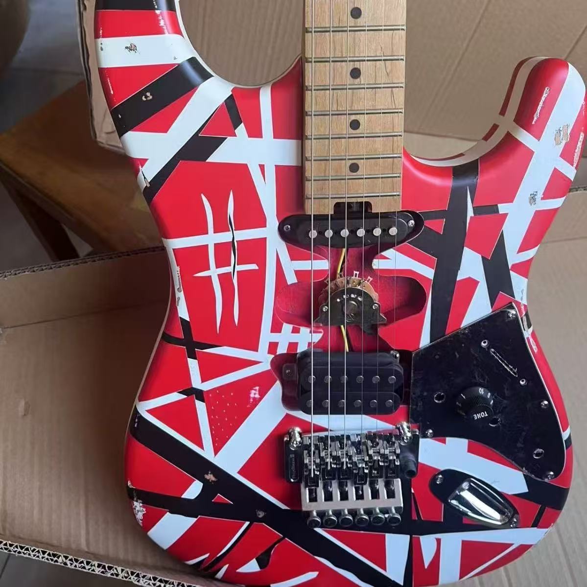 Premium Red Striped Van Halen Style Electric Guitar with Dual Tremolo System