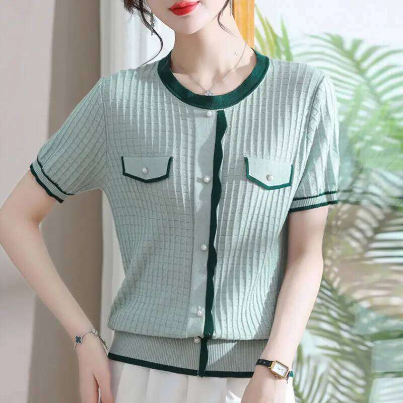 Ladies Fashion Loose Patchwork O-neck Knitting Pullovers Summer Fashionable All-match Buttons Screw Thread T-Shirts Women Tops