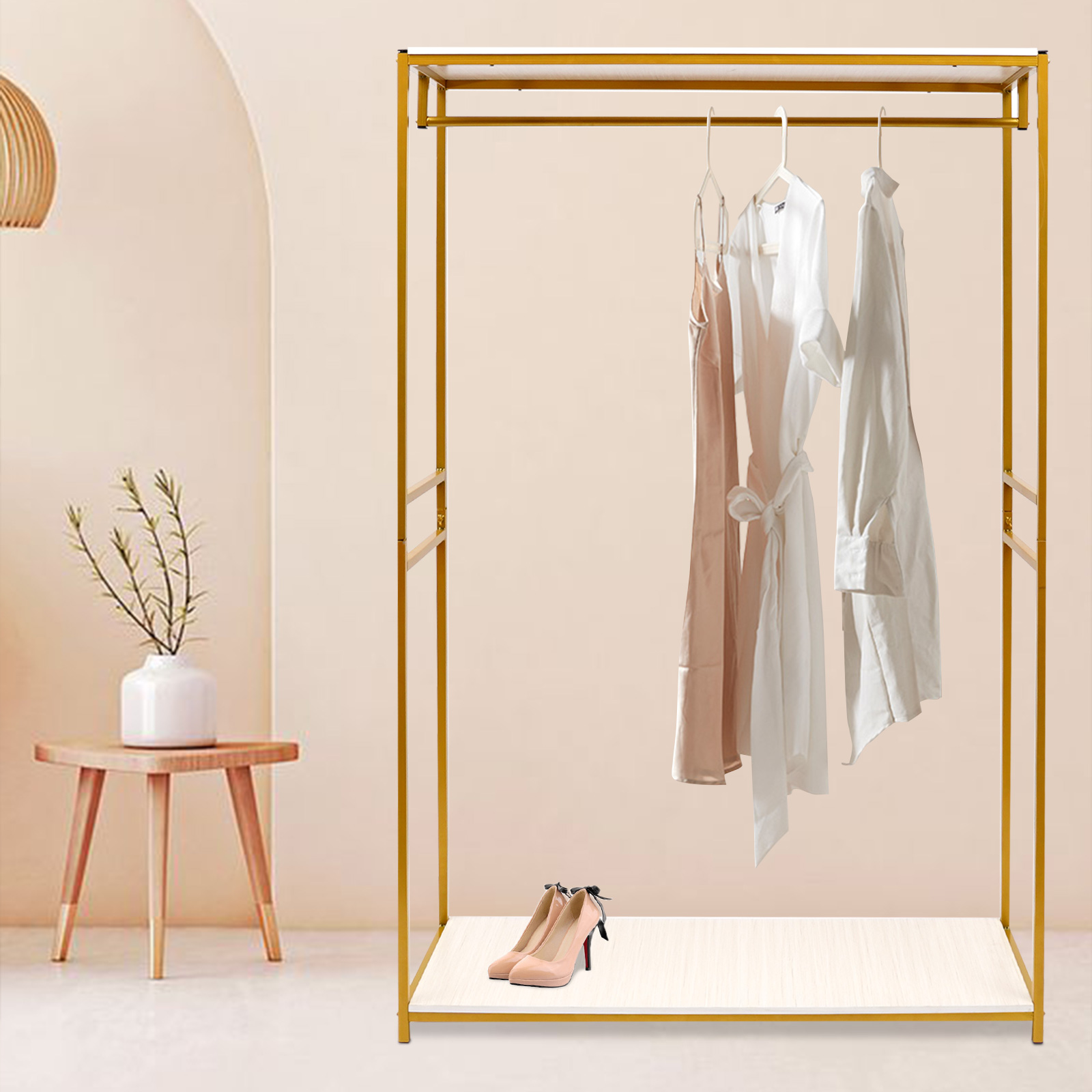 Rolling Clothing Rack, Metal Gold Clothing Rack Bridal Wedding Dress Rack Floor-standing Clothes Rack Adjustable Wire Shelf Clothes Hanger, Wardrobe S