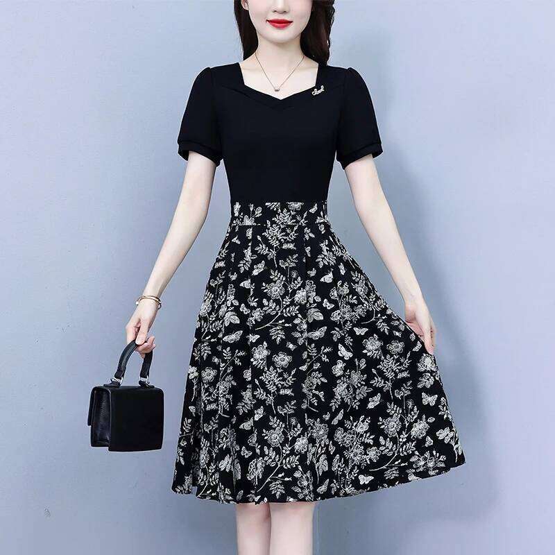 Elegant Fashion Floral Printed Slim Short Sleeved Women Dresses 2025 Summer Fake Two-piece OL Dress