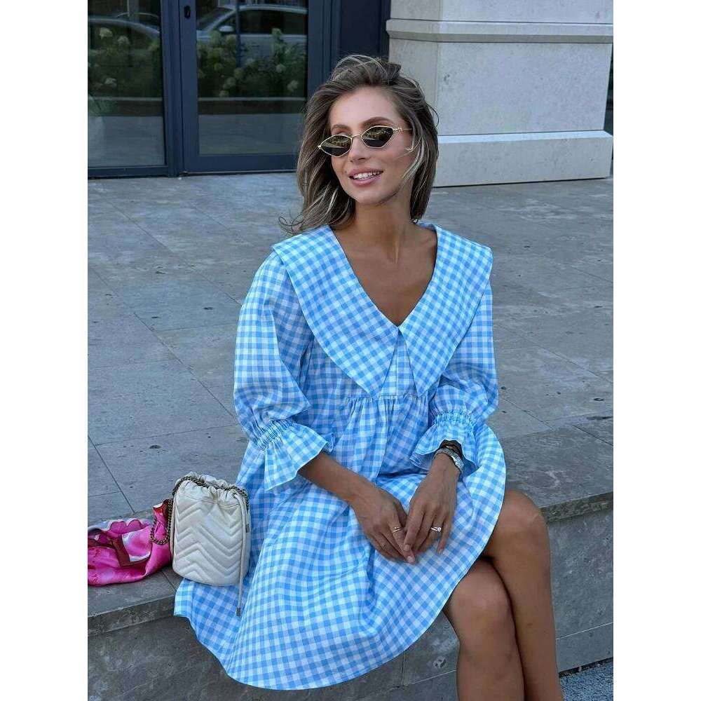 Blue Plaid Women Casual Mini A-line Dress Loose Lapel Half Sleeve High Waist Dresses 2025 Summer Lady Beach Holiday Streetwear