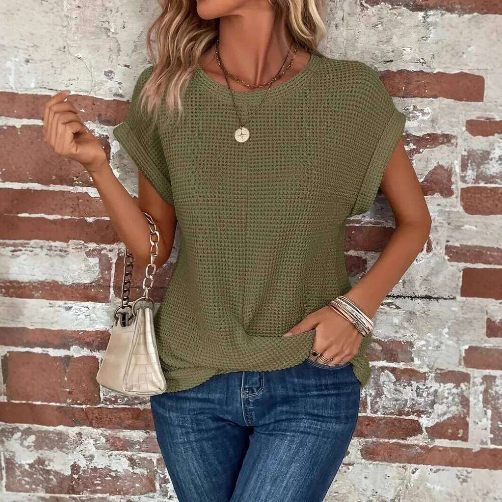 Women Round Collar Short Sleeve Knitted Pullover Sweater Loose Tops YSFS-A1016
