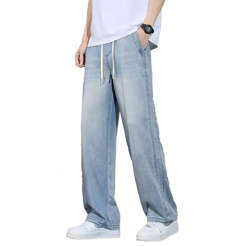 Drawstring Summer Jeans Mens Lyocell Soft Quality Pants Stretch Waist Straight Casual Baggy Trousers Streetwear y jeans 250610