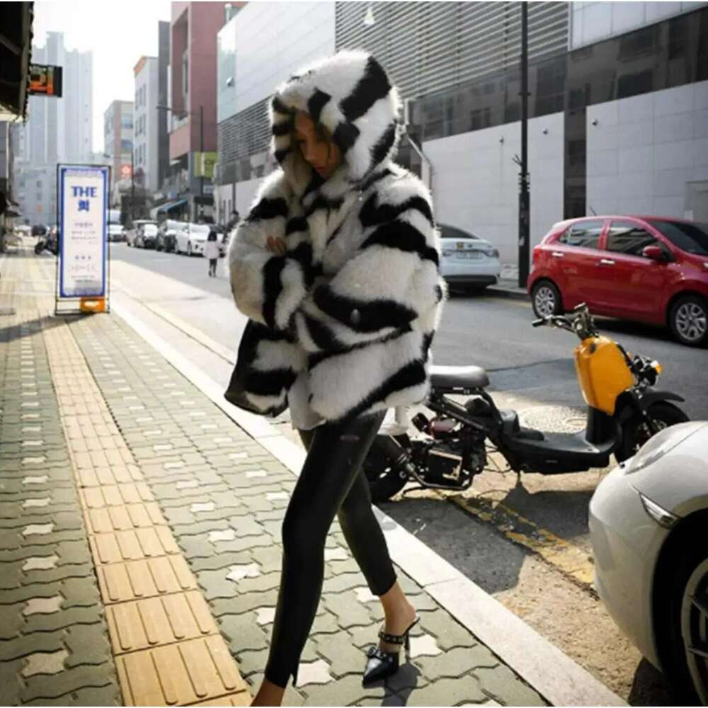 Oversized Winter Warm Hooded Large size Black White Zebra Faux Fur Coat CHILL Full sleeve Women Short Shaggy Outerwear