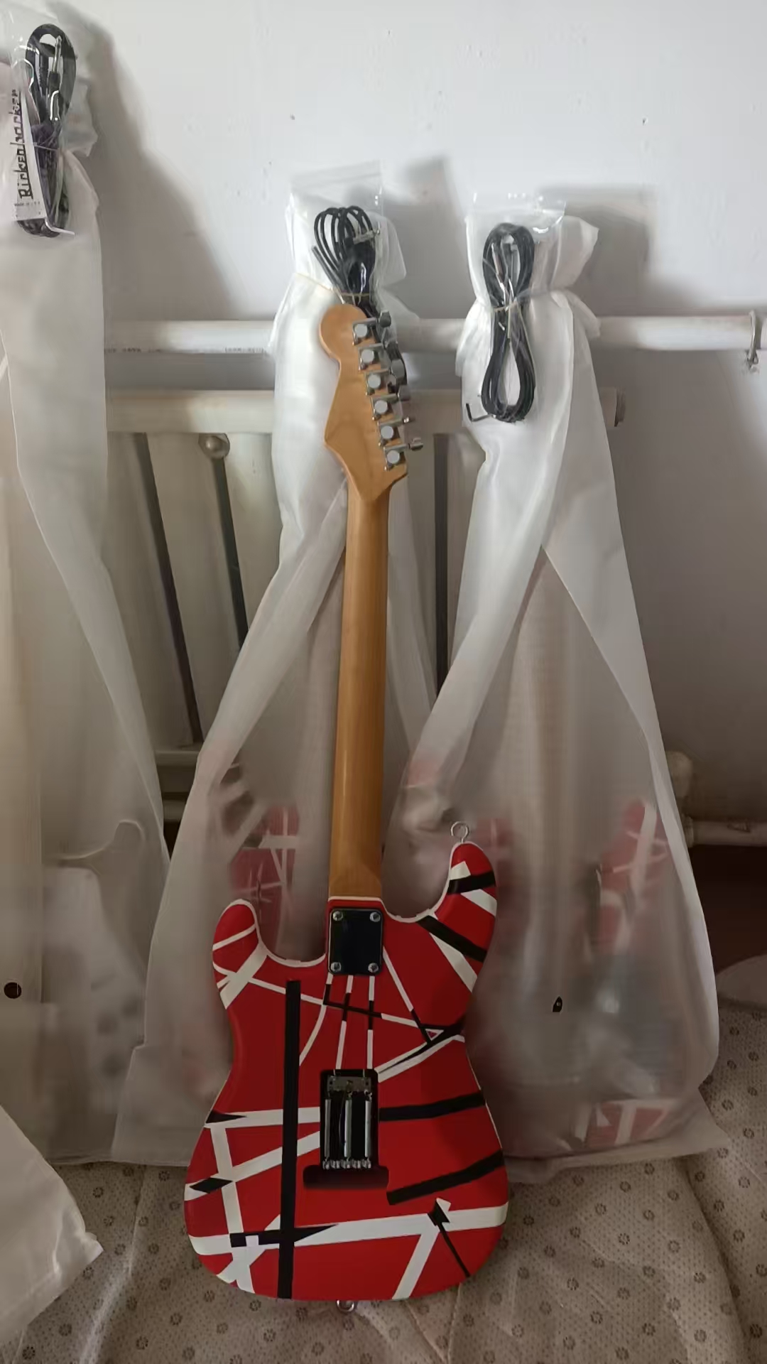 Premium Red Striped Van Halen Style Electric Guitar with Dual Tremolo System