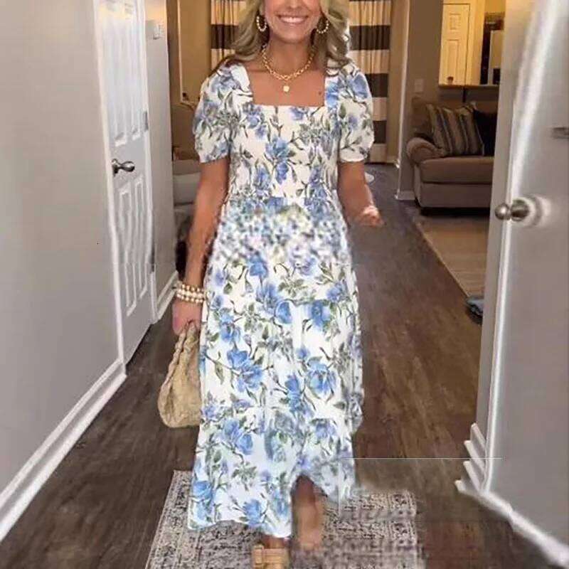 New Summer Print Puff Sleeve Long Dress Woman Beach Sweet Zipper Party Casual Square Collar Floral Bohemian Maxi Dresses
