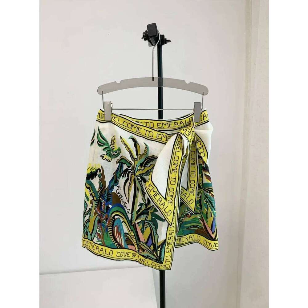 Women Plant And Letters Printed Short Sleeve Linen Blouse Or High Waist Mini Skirt