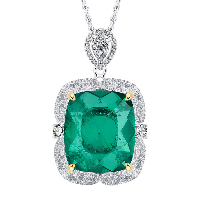S925 Silver Faux Emerald Paraiba Rectangular Pendant Necklace, Luxury Design 20x23mm, Stylish High-End Women's Jewelry, Perfect Gift Choice