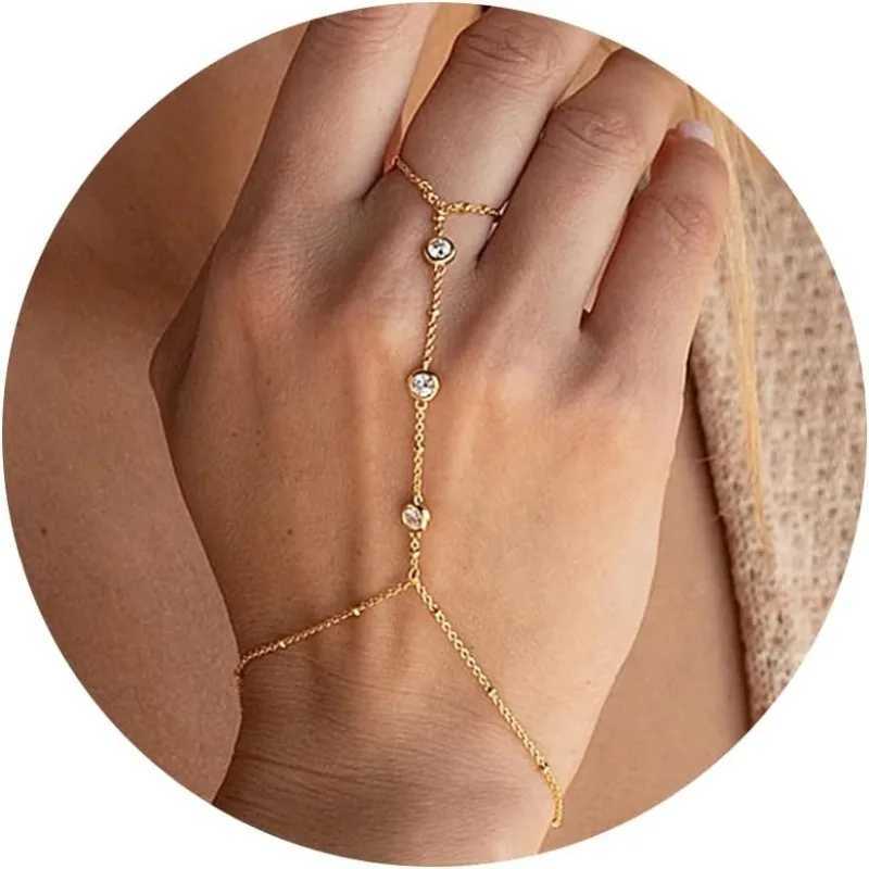 14k Gold Plated Trendy 2024 Summer Adjustable Chain Zircon Finger Ring Hand Chain Ring Bracelet Jewelry for Women Girls Dainty XJ250707