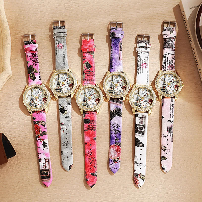 Fashion Large Dial Ladies Quartz Watch Romantic Eiffel Tower Women Leather Clock Gift Dress Watches 250606