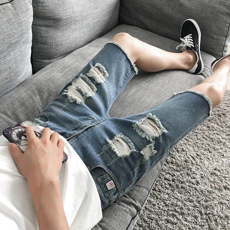 Ripped Denim Shorts Mens Five-point Summer Pants Korean Version 5-point Beggar Thin Mens Medium Pants 250611