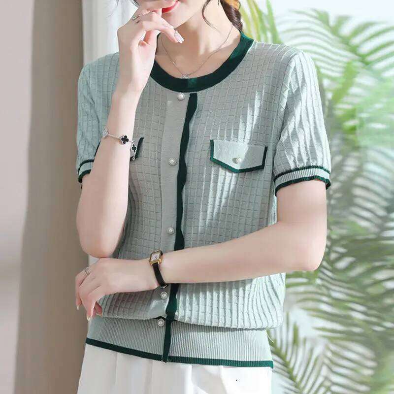 Ladies Fashion Loose Patchwork O-neck Knitting Pullovers Summer Fashionable All-match Buttons Screw Thread T-Shirts Women Tops