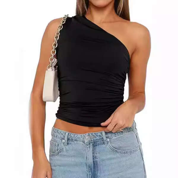 Summer Spicy Girl Unique Asymmetric Shoulder Inner Layer Base T-Shirt Crop Top Women's Fashion B5