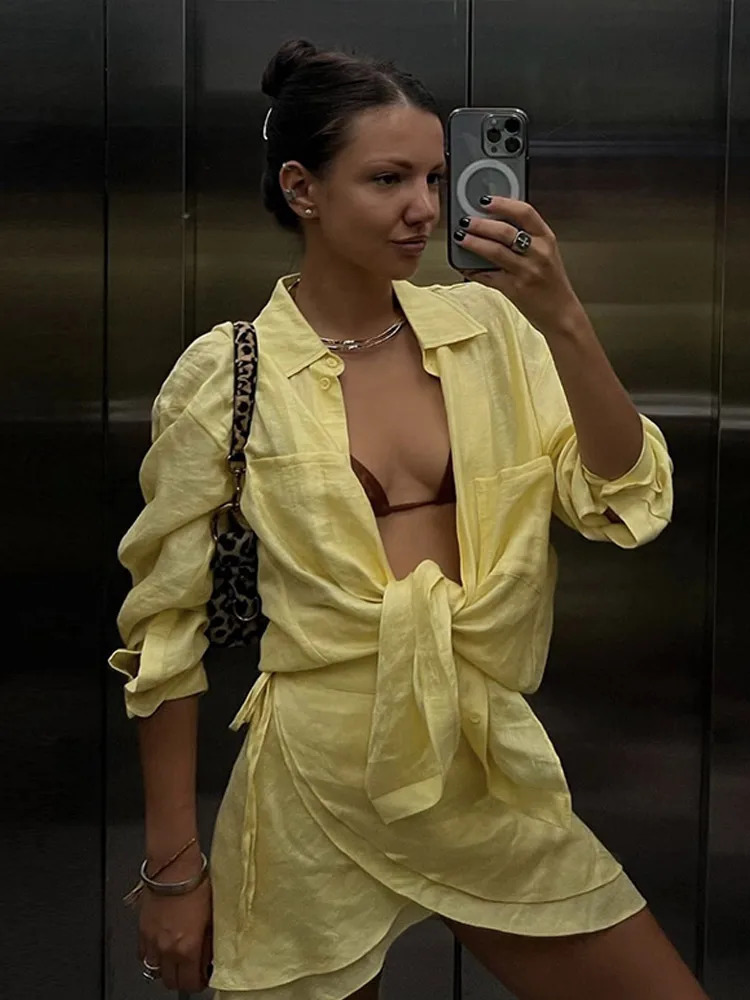 Fashion Cotton Linen Shirt Skirt Set Women Long Sleeve Single Breasted Tops Ruffles Mini Skirts Summer Vacation Beach Outfits 250606