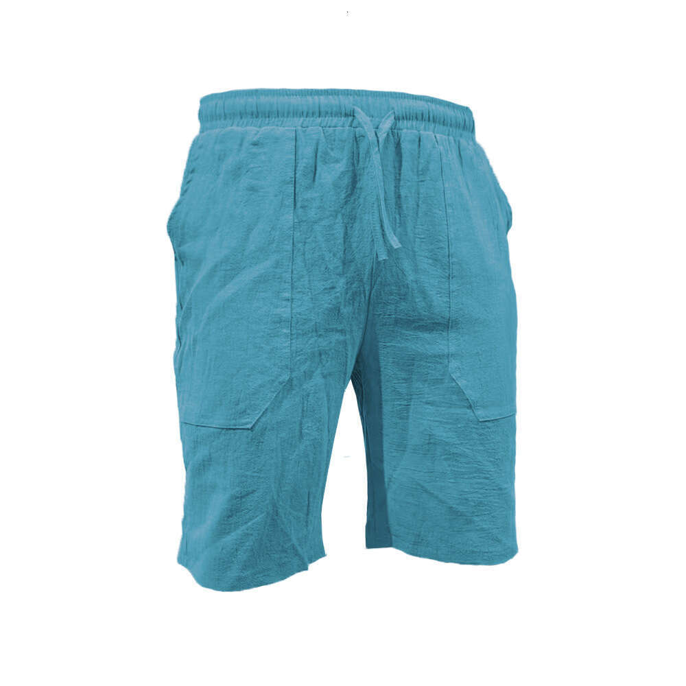 Men's Summer Cotton Linen With Drawstring Elastic Waist Straight Leg Solid Color Breathable Casual Beach Shorts B5