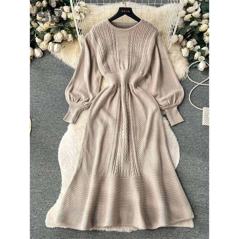 SINGREINY Loose Casual Knit Long Dress Women Solid Elastic Waist Lantern Sleeve O Neck Ladies Fashion Winter Sweater Dresses