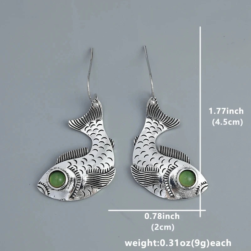 Charm Women Fish Animal Green Stone Drop Silver Color Earrings Party Jewelry Gifts 250610