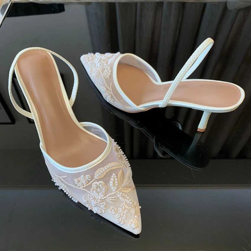 Brand Designer White Women Pumps Mesh Embroidered Flowers Back Strap Sexy Slingback High Heels Dress Wedding Shoes for Ladies XJ250610