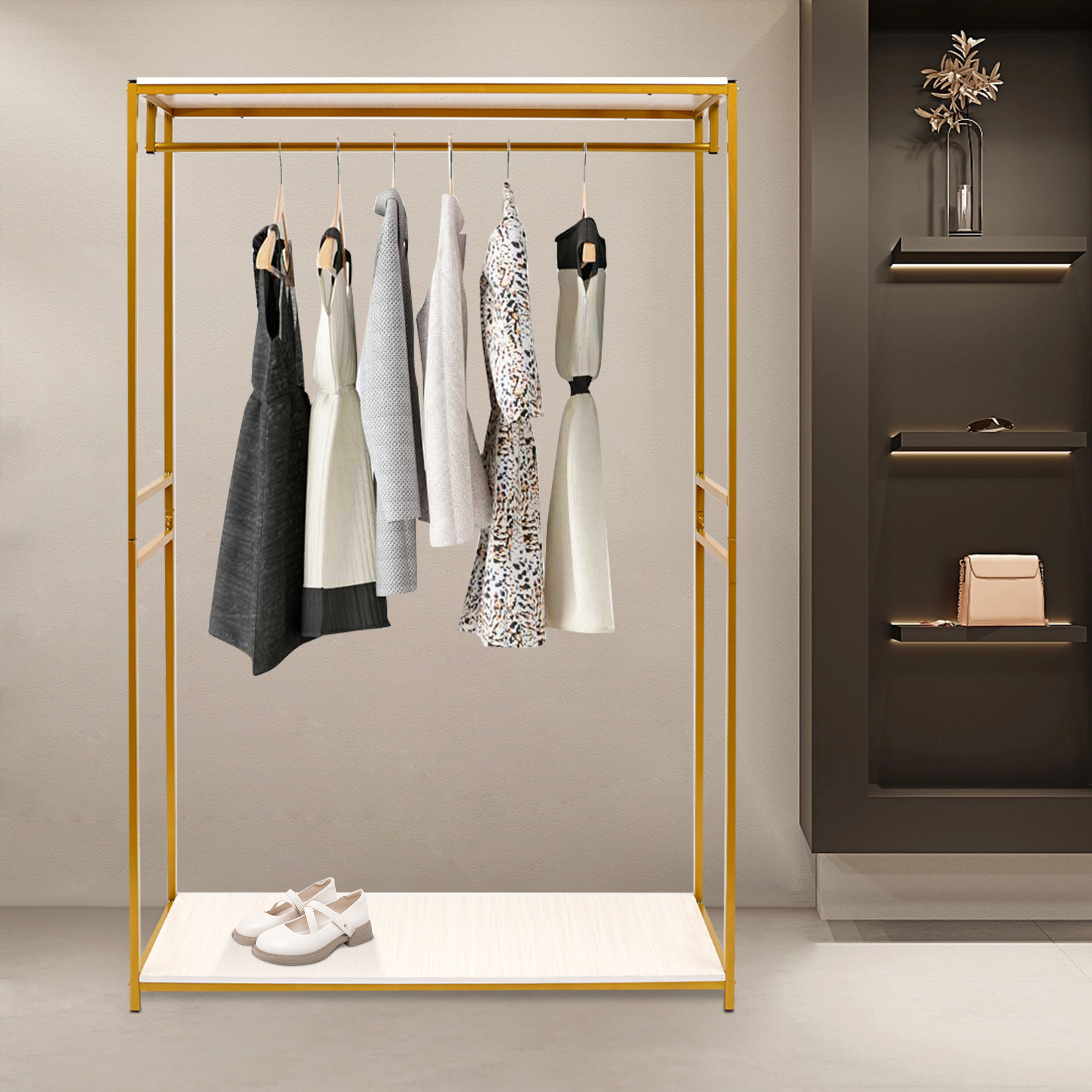 Rolling Clothing Rack, Metal Gold Clothing Rack Bridal Wedding Dress Rack Floor-standing Clothes Rack Adjustable Wire Shelf Clothes Hanger, Wardrobe S