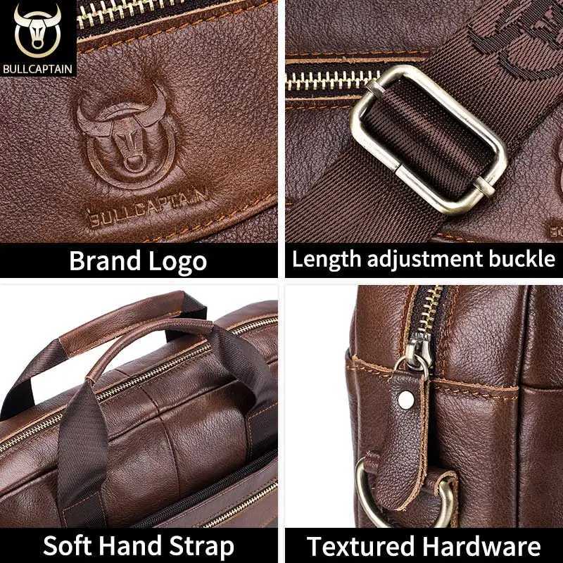 BULLCAPTAIN Briefcase Shoulder Messenger Bags Mens Genuine Leather 14-inch Laptop Bags Mens Briefcase Office Business Handbag W250610