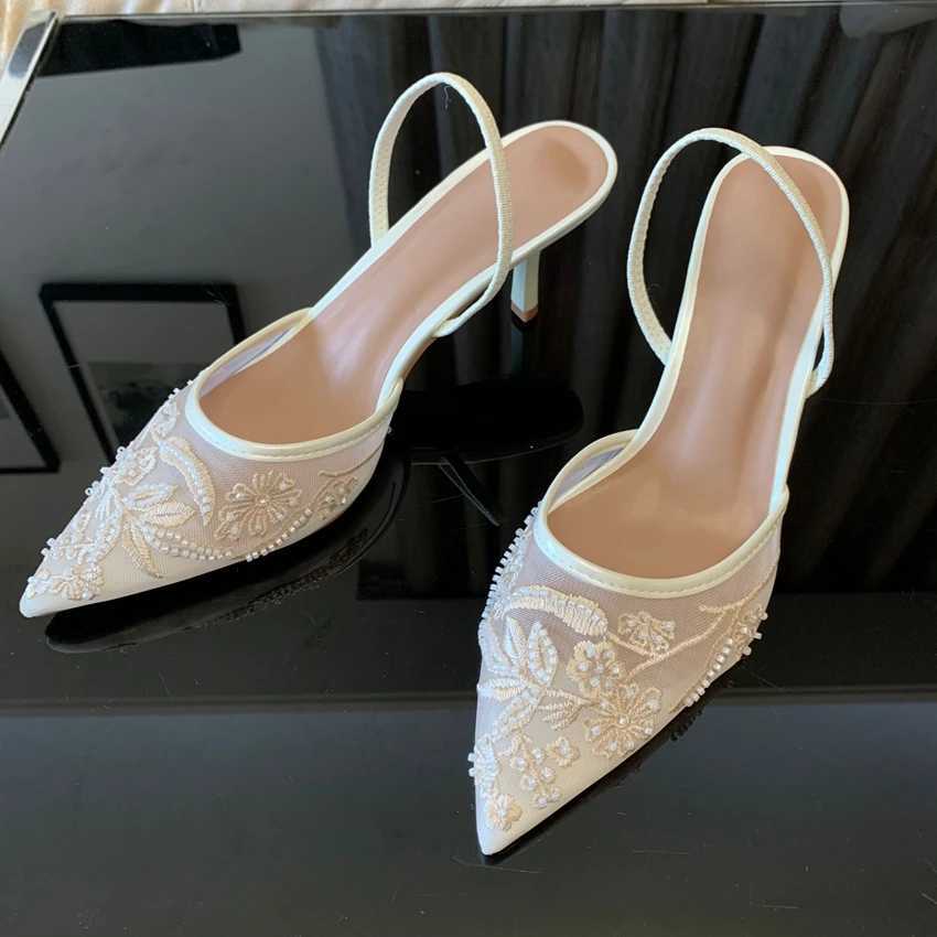 Brand Designer White Women Pumps Mesh Embroidered Flowers Back Strap Sexy Slingback High Heels Dress Wedding Shoes for Ladies XJ250610