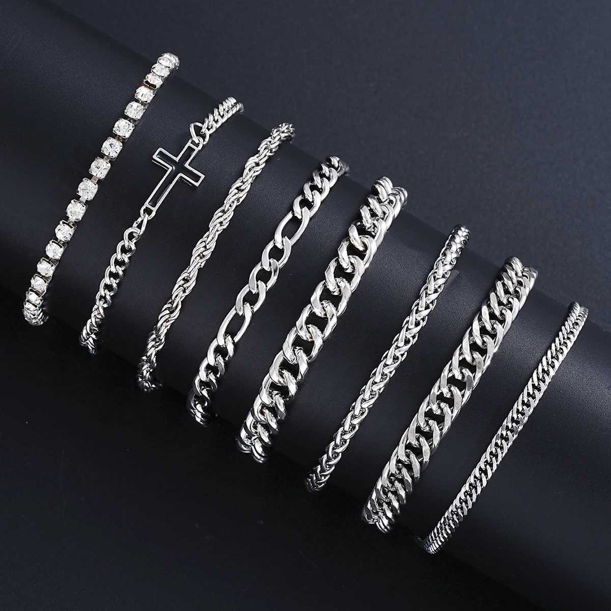 8Pcs Stainless Steel Cross Cuban Bracelets For Men Women Punk Silver Color Crystal Twist Chain Bracelet for Daily Wear Fashion XJ250707