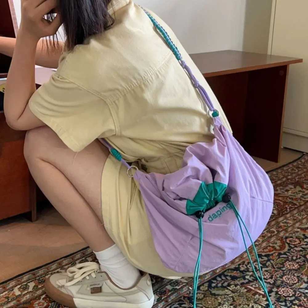 Casual Lightweight Shoulder Bag Contrast Color Letter Crossbody Bag Large Capacity Nylon Drawstring Bag for Girls XJ250610