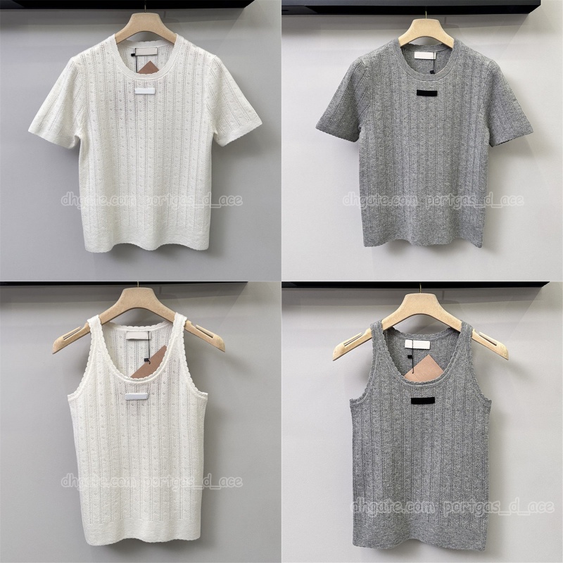 Designer Hollow Women Knits t Shirt Summer Short Sleeve Tees Slim Fit Gray Knitted Tank Tops
