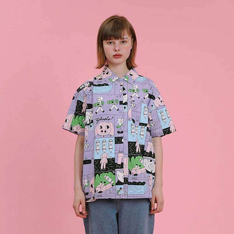 Women's Chiffon Shirts Top Summer New Female Casual Blouse Original Niche Design Short-sleeved Cartoon Pig Graffiti Printed