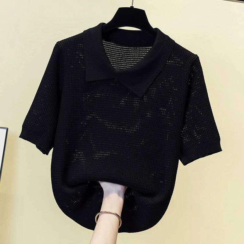 Korean Polo Collar Knitted Tshirt Sweater Women 2023 Summer Short Sleeve Oversized Pullover Tops Vintage Elegant Ladies Knitwear