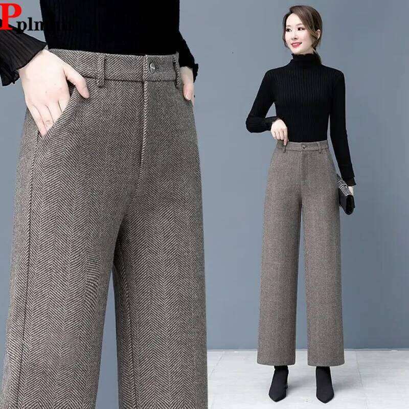 Women Woolen Loose Wide Leg Pants Korean High Waist Baggy Solid Wool Blend Pantalones Fall Winter New Straight Calcas Feminina