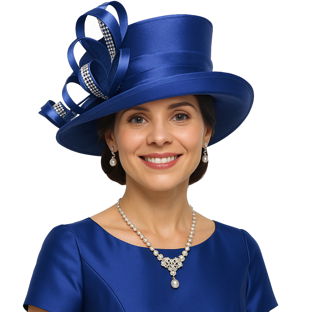 Elegant Royal Blue Church Hat for Women Wide Brim Formal Derby Tea Party Hat with Ribbon and Rhinestone Decoration