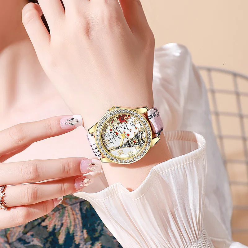 Fashion Large Dial Ladies Quartz Watch Romantic Eiffel Tower Women Leather Clock Gift Dress Watches 250606