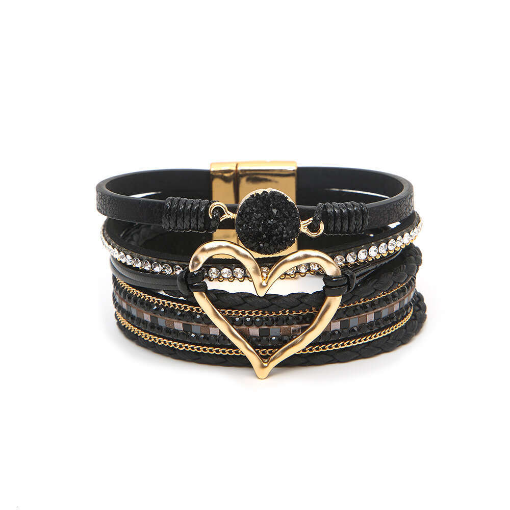 2025 Chic Gold-Toned Leather Wrapped Beads Bracelet Featuring a Bold Love Symbol - Artisan Crafted Jewelry Item for Females