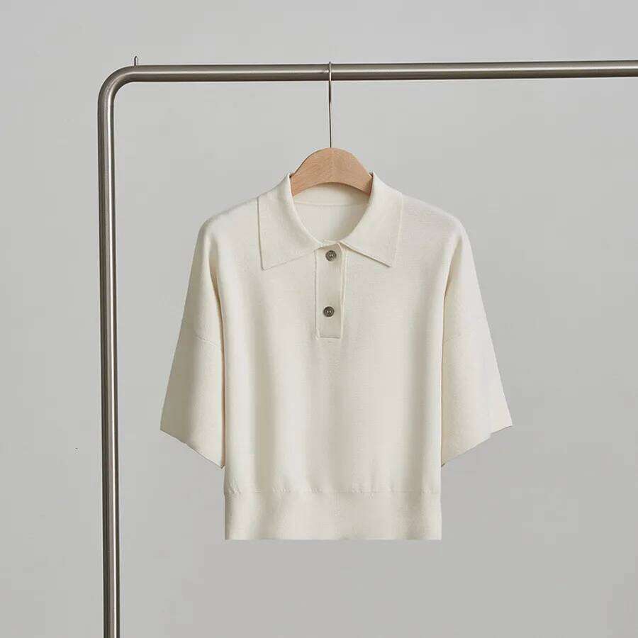 Naizaiga 58% mulberry silk 42% cotton striped POLO-collar short sleeve solid white black loose Women 2024 summer pullover JFY64